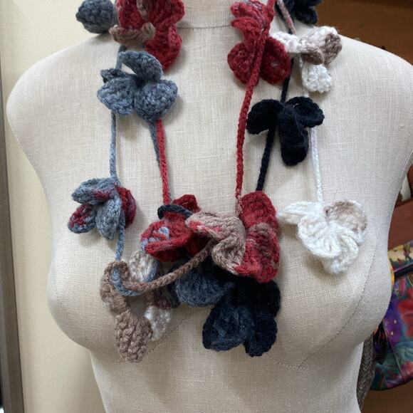 Hand knitted multi color floral appliqué scarf - Picture 2 of 5